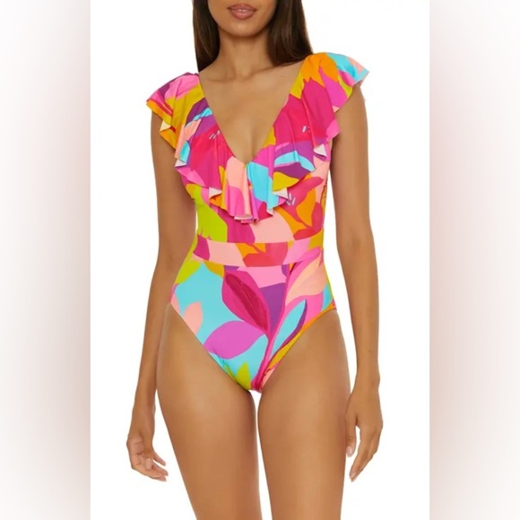 Trina Turk Women's Lilleth Ruffle Floral Ruffle One Piece Swimsuit Size 6 - Picture 1 of 5